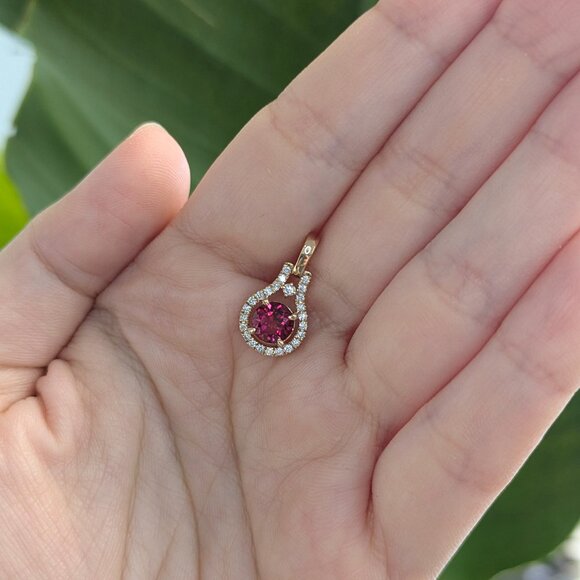 Rubellite Tourmaline Pendant in Solid 14K Gold with Natural Diamond Accents - Picture 7 of 11